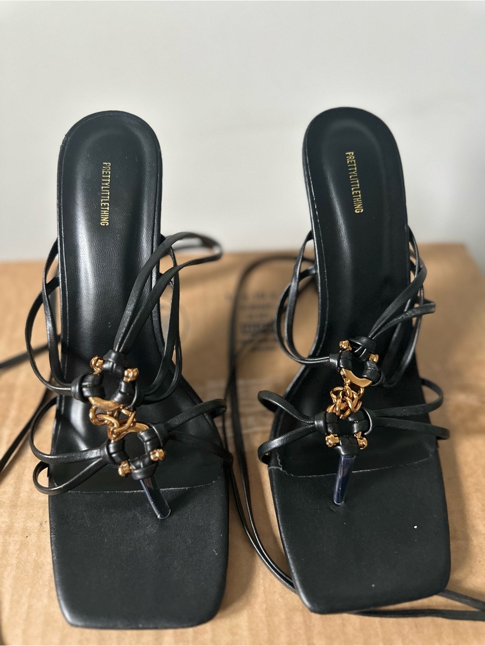 PrettyLittleThing Black Strappy Square-Toe Heeled Sandals with Gold Chain Detail